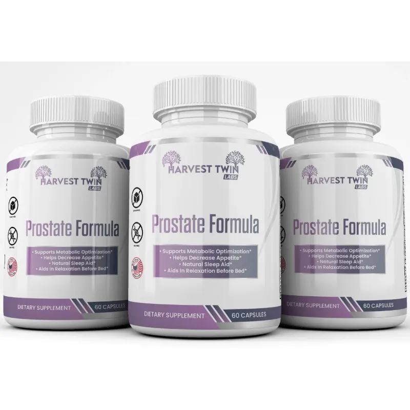 Three white supplement bottles labeled Harvest Twin Labs Prostate Formula, arranged side by side on a light gray background.