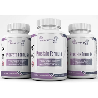 Three white supplement bottles labeled Harvest Twin Labs Prostate Formula, arranged side by side on a light gray background.