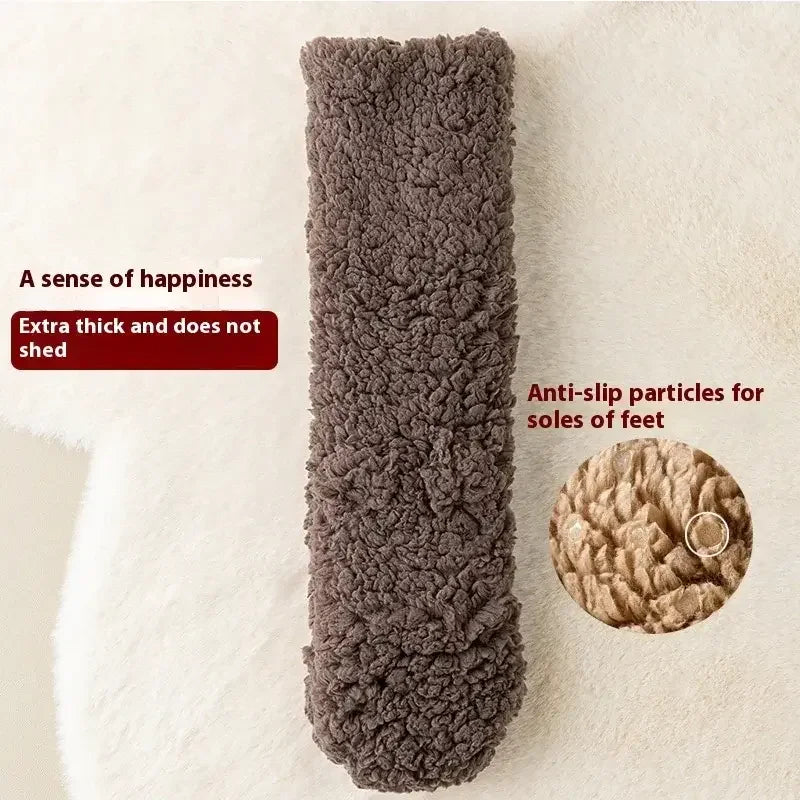 Thick brown fuzzy sock with anti-slip grip for feet, cozy winter indoor footwear.