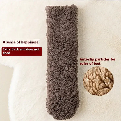 Thick brown fuzzy sock with anti-slip grip for feet, cozy winter indoor footwear.