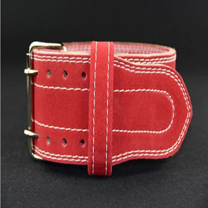 Red suede weightlifting belt with double stitching and metal buckle on black background