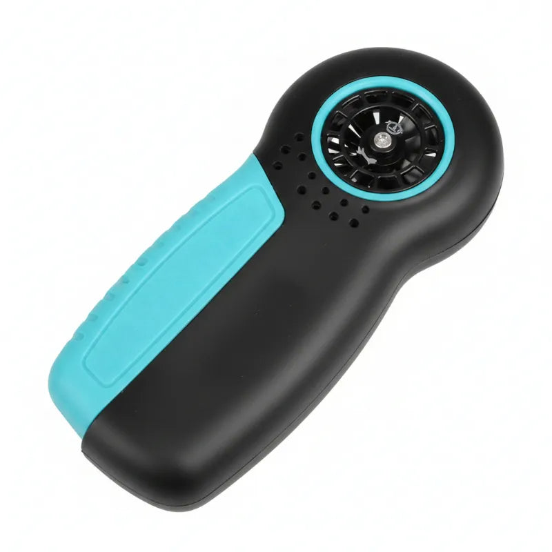 A handheld underwater fan with a black body and a bright turquoise blue handle and circular fan rim, shown on a plain white background.