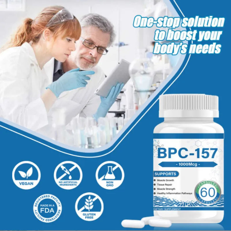 Supplement bottle labeled BPC-157 with scientists in a lab setting on a blue background