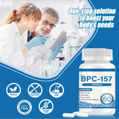 Supplement bottle labeled BPC-157 with scientists in a lab setting on a blue background