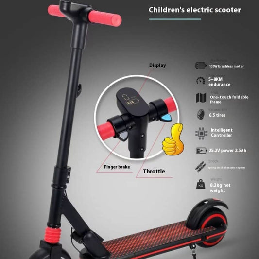 Children's electric scooter with features highlighted on a gray background