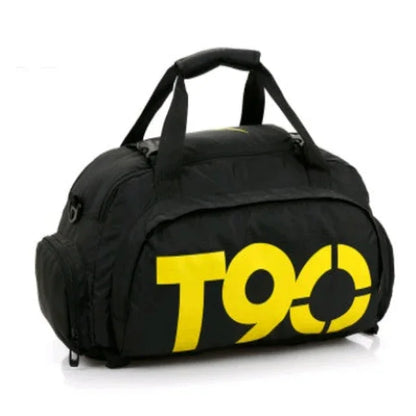 Black and yellow T90 gym duffel bag with handles, ideal for fitness and workout gear