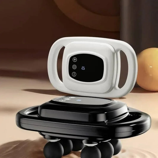 Black and white device with a screen and control buttons on a beige surface.