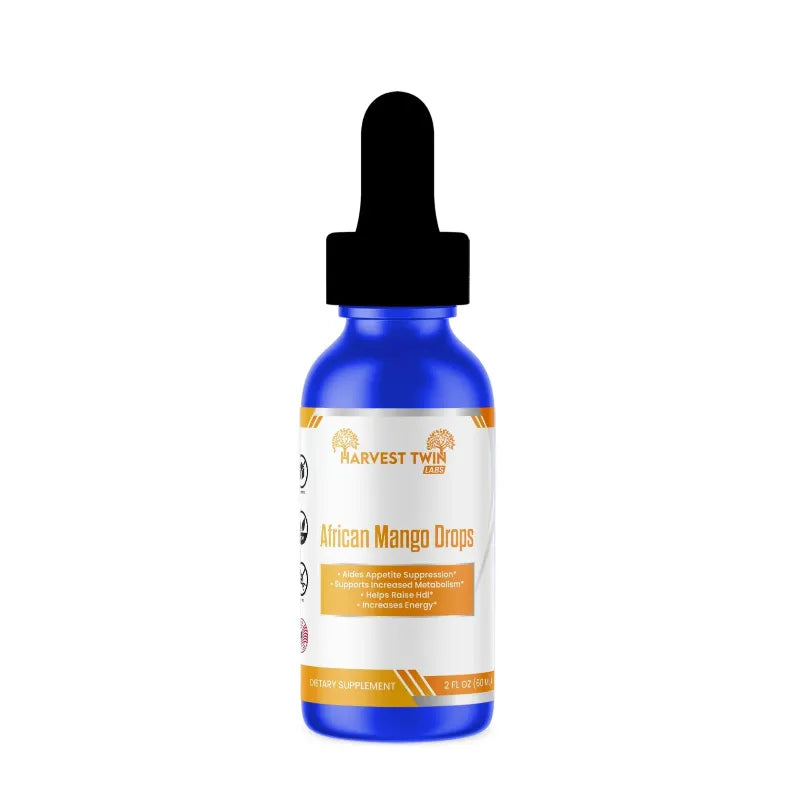 Bottle of Harvest Twin African Mango Drops on a white background
