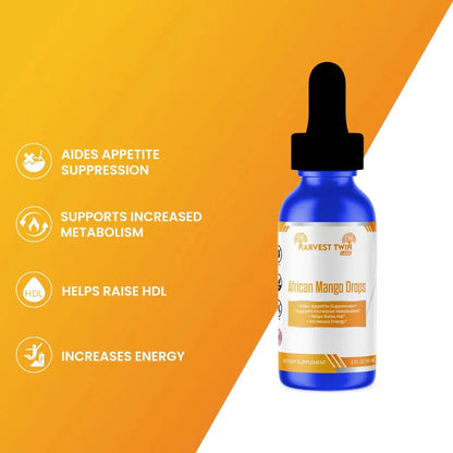 A blue glass dropper bottle of Harvest Twin African Mango Drops stands on a white background with a diagonal orange graphic element. On the left, four white text icons list benefits: aids appetite suppression, supports increased metabolism, helps raise HDL, and increases energy.