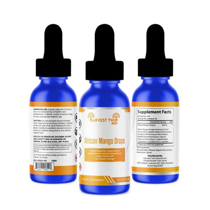Three blue glass dropper bottles of Harvest Twin African Mango Drops are shown against a white background, with the center bottle displaying the front label and the side bottles showing the back supplement information labels.