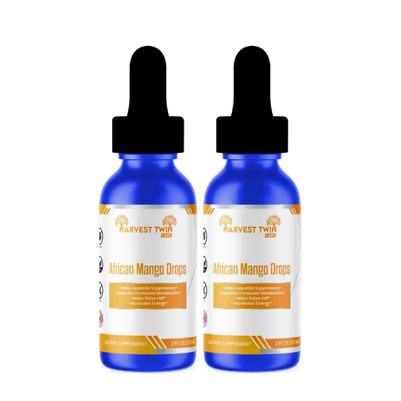 Two blue glass dropper bottles of Harvest Twirly African Mango Drops side by side on a white background.