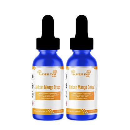 Two blue glass dropper bottles of Harvest Twirly African Mango Drops side by side on a white background.