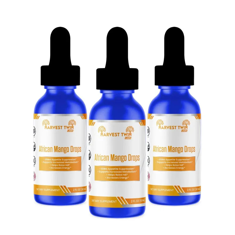 Three blue glass dropper bottles of Harvest Twin African Mango Drops arranged side by side on a white background.