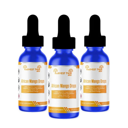 Three blue glass dropper bottles of Harvest Twin African Mango Drops arranged side by side on a white background.