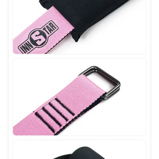 Pink fabric resistance band with metal buckle and black fabric pouch, fitness accessory