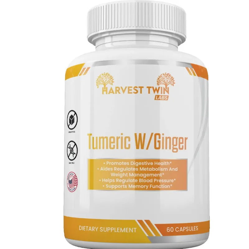 A white plastic bottle of Harvest Twin Labs Tumeric W/Ginger dietary supplement, featuring a white cap and a white label with orange and gold accents.