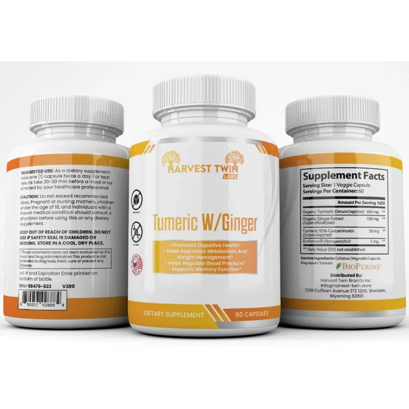 Three supplement bottles shown on a plain white background: the center bottle displays the front label reading 'Harvest Twin Tumeric W/Ginger' with orange and white design, while the left and right bottles show the back supplement facts and warning panels.