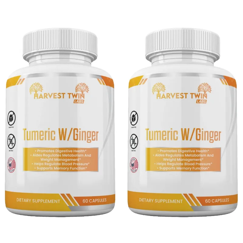 Two white bottles of Harvest Twin Labs Tumeric W/Ginger dietary supplement, side by side on a plain white background.