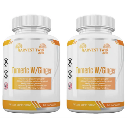 Two white bottles of Harvest Twin Labs Tumeric W/Ginger dietary supplement, side by side on a plain white background.