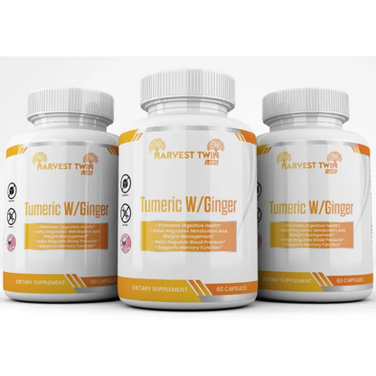 Three white supplement bottles labeled Harvest Twin Tumeric W/Ginger, arranged in a clean studio-style composition with the center bottle prominent and the two side bottles partially visible behind it.