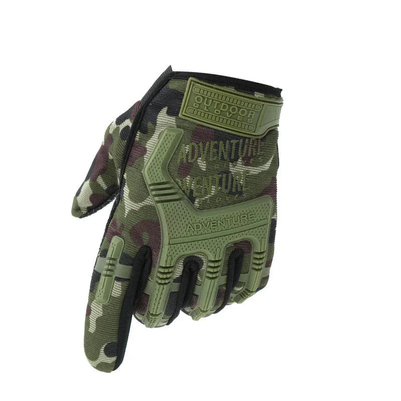 Camo outdoor adventure glove with green protective knuckle padding for fitness and outdoor use