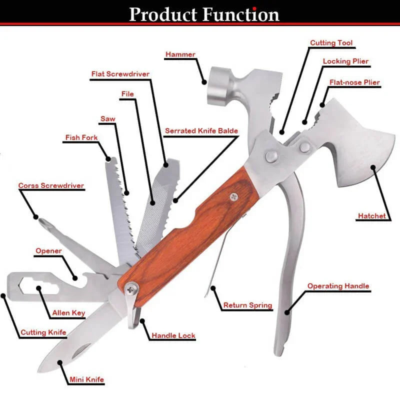 Multi-tool survival hatchet with hammer, pliers, saw, screwdrivers, knife, and wooden handle.