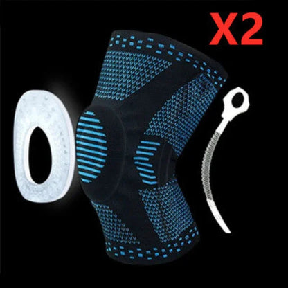 Compression knee sleeve with gel pad and spring support, fitness knee brace shown in black with blue accents, set of two.