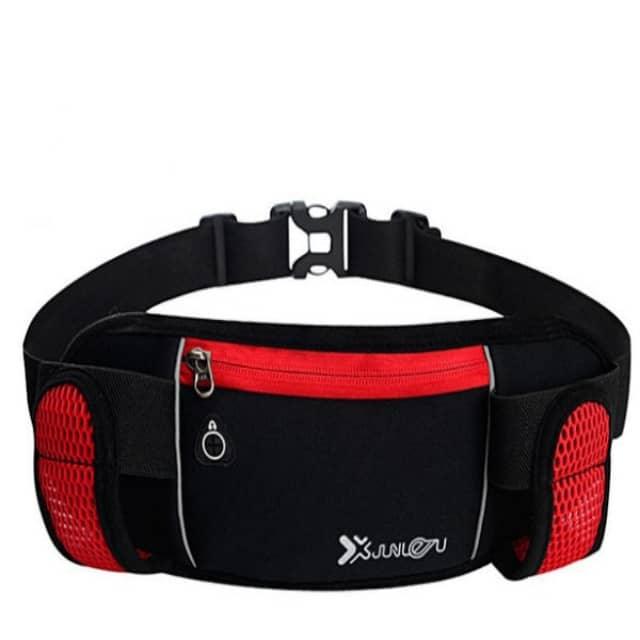 Black and red waist bag with a visible brand logo on a white background