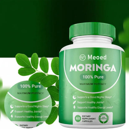 A white supplement bottle with a green cap and green label reading 'Meod MORINGA 100% Pure' on a dark green background, with a smaller inset showing the same label detail and green leaves beside it.