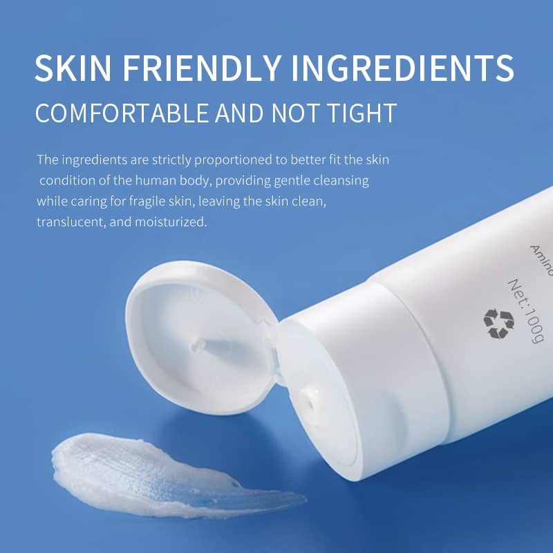 White tube of skincare product with text about skin-friendly ingredients on a blue background