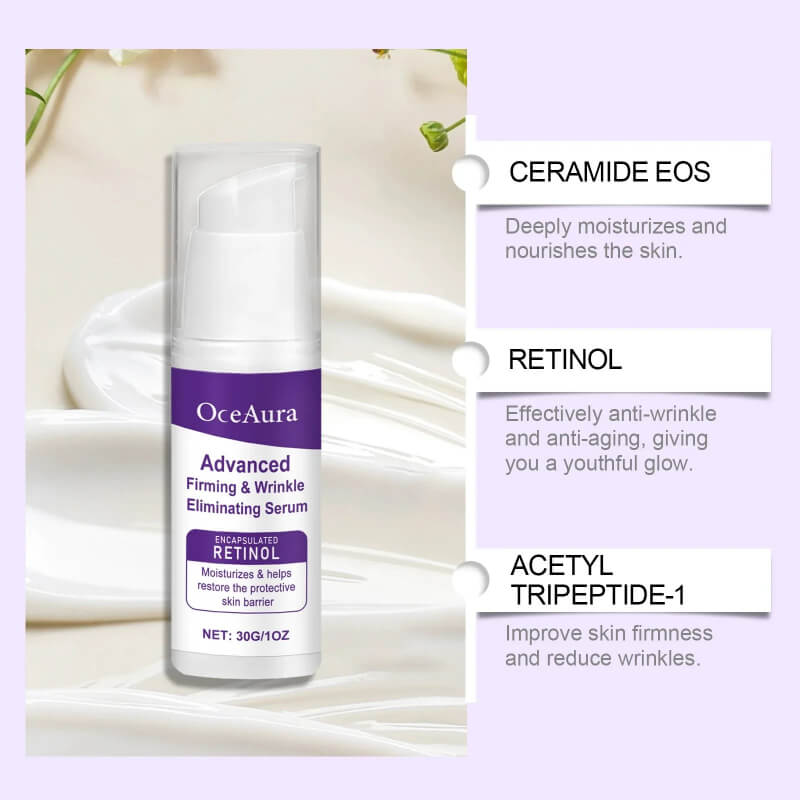 OceAura Advanced Firming & Wrinkle Eliminating Serum bottle with retinol, ceramide EOS, and acetyl tripeptide-1 benefits highlighted.