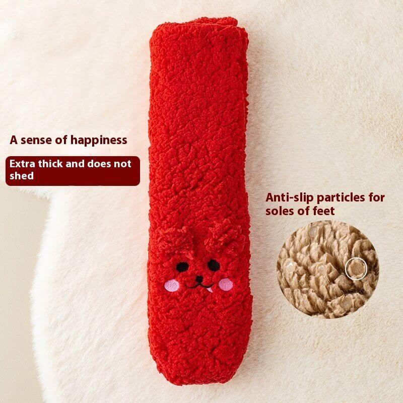 Red fuzzy animal-themed sock with anti-slip sole, thick, non-shedding, cozy texture.