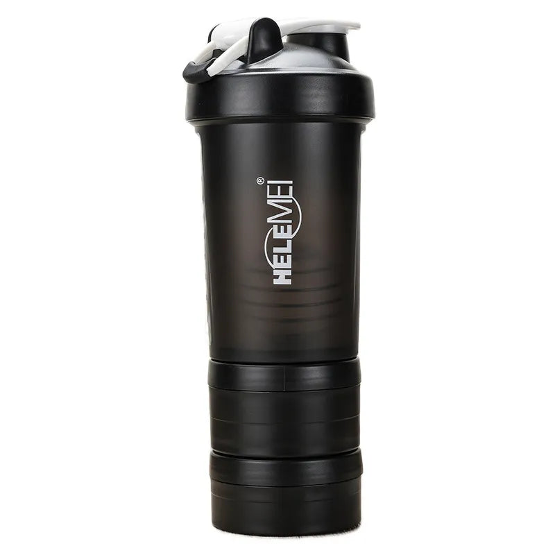 A black shaker bottle with a white and gray flip-top lid, featuring the brand name 'HELEMEI' printed vertically in white on the front, set against a plain white background.