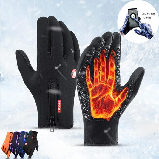 Black winter touchscreen gloves with thermal lining and zipper, shown in snowy setting.
