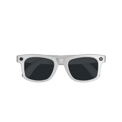 Sunglasses with silver frame and dark lenses on a white background