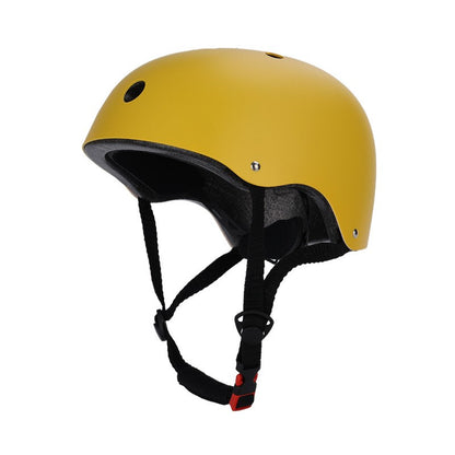 Yellow helmet with black straps on a white background