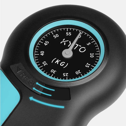 Black and blue digital weight display with a clear background