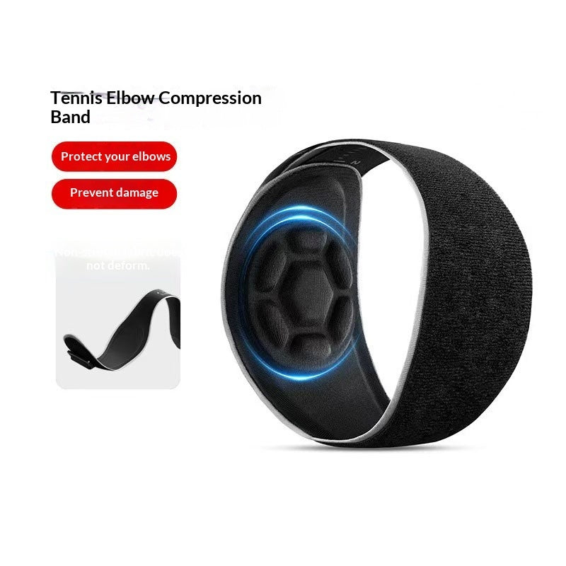 Black tennis elbow compression band with blue light on a white background