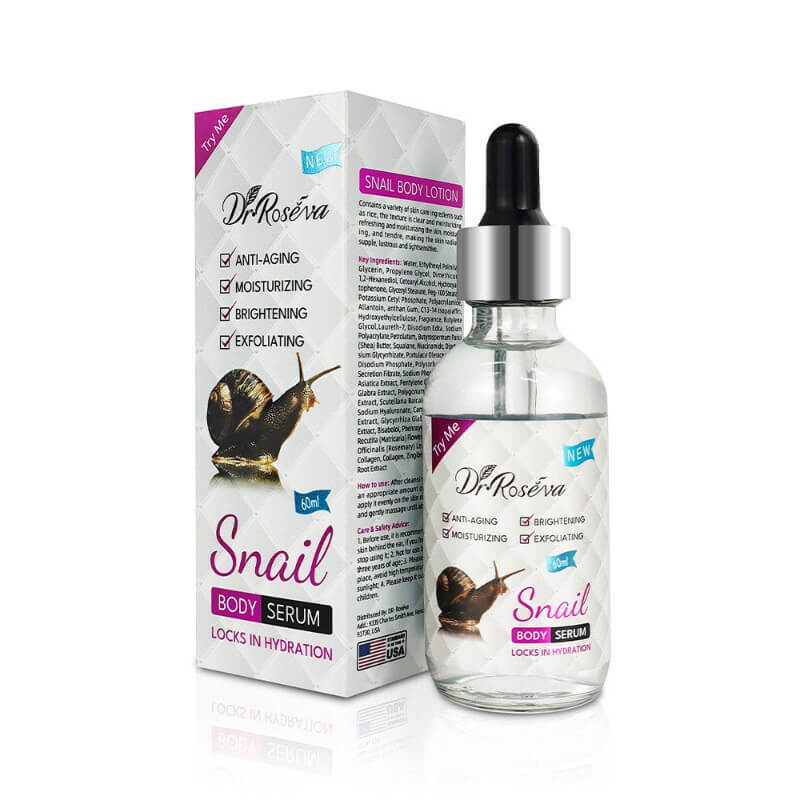 Dr. Roséva snail body serum bottle and packaging on a white background