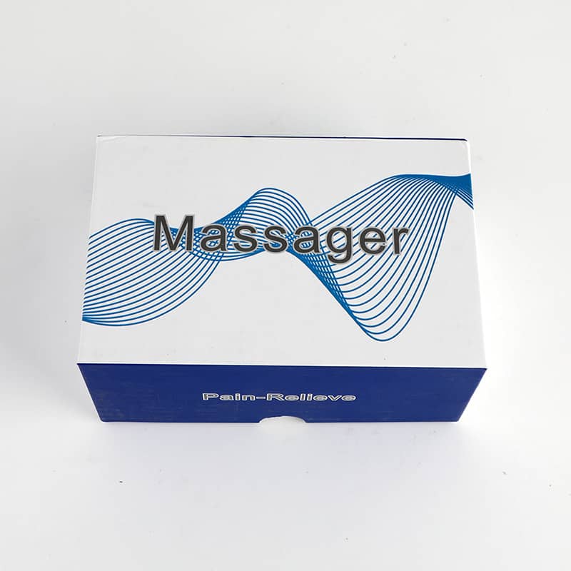 Box labeled 'Massager' with blue wave design on a white background