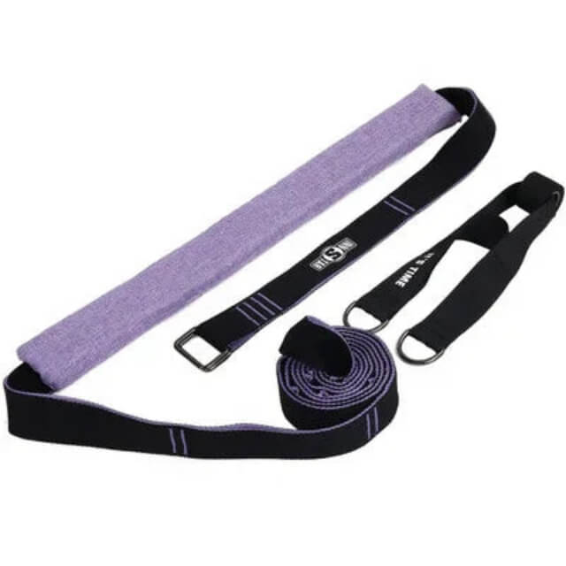 Purple and black yoga stretching straps with D-ring buckles for fitness flexibility workouts