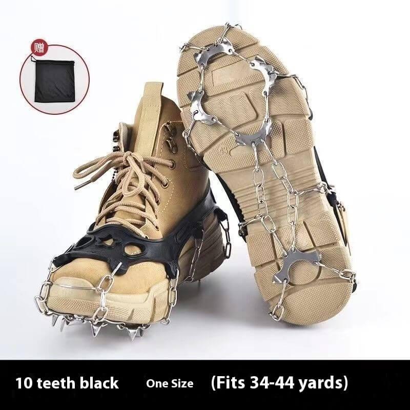 Tan hiking boots equipped with anti-slip ice traction cleats, 10 teeth black, for outdoor gear.
