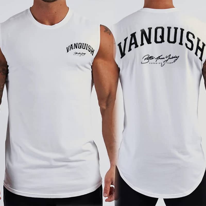 White sleeveless shirts with 'Vanquish' branding on a person model.