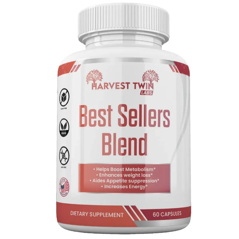 A white plastic bottle of Harvest Twin Labs Best Sellers Blend dietary supplement with a white ribbed cap, featuring a white label with red text and accents, set against a plain white background.