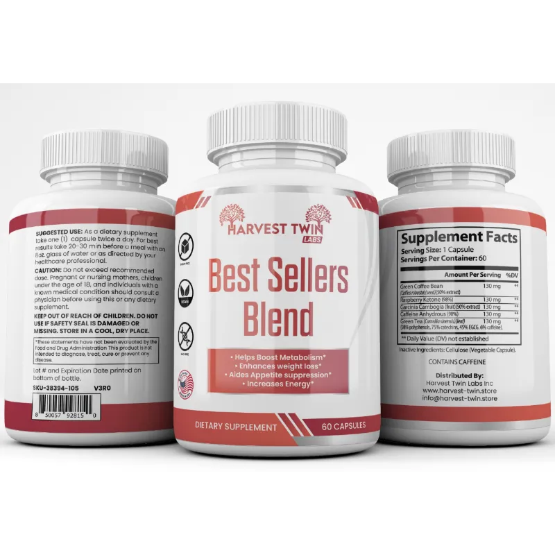 Three white plastic bottles of dietary supplements arranged to show the front, back, and supplement facts panels against a clean white background. The center bottle is labeled 'Harvest Twin Best Sellers Blend' and shows 60 capsules.
