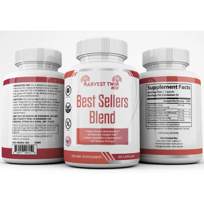 Three white plastic bottles of dietary supplements arranged to show the front, back, and supplement facts panels against a clean white background. The center bottle is labeled 'Harvest Twin Best Sellers Blend' and shows 60 capsules.