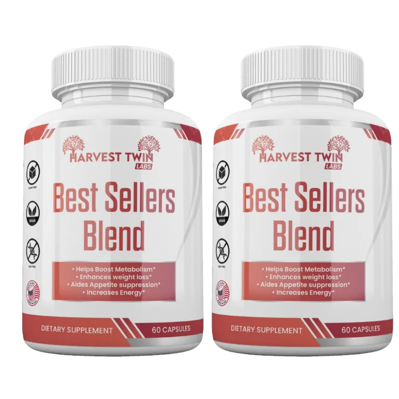 Two white bottles of Harvest Twin Labs Best Sellers Blend dietary supplement, shown side by side on a plain white background.