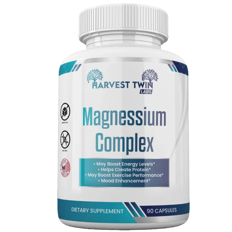 A white bottle of Harvest Twin Labs Magnesium Complex dietary supplement with a white ribbed cap, featuring a white label with blue and teal text and graphics.