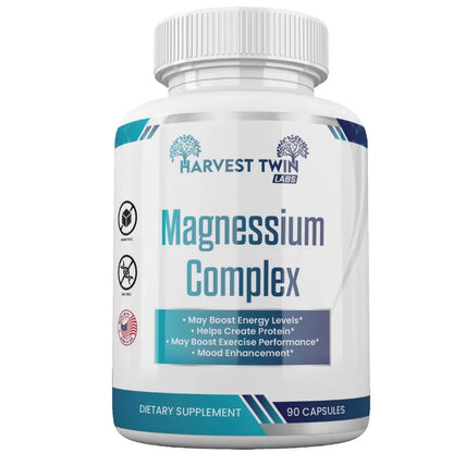 A white bottle of Harvest Twin Labs Magnesium Complex dietary supplement with a white ribbed cap, featuring a white label with blue and teal text and graphics.
