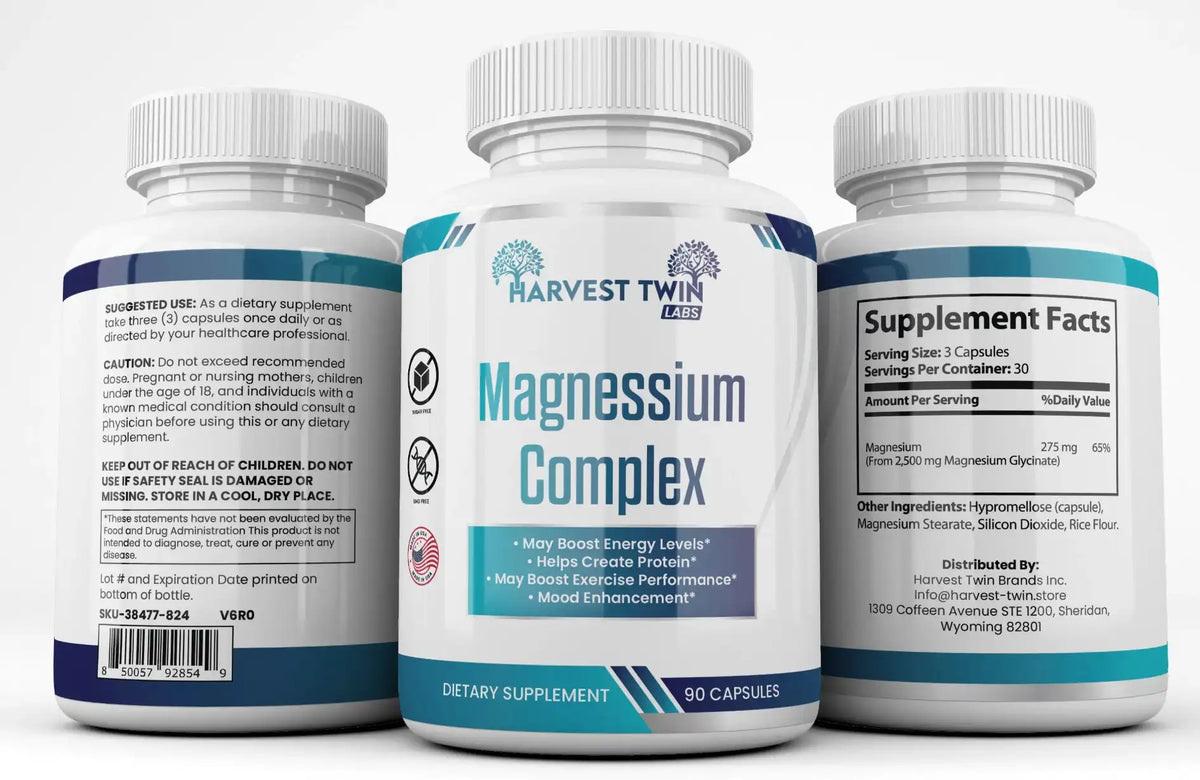 Three supplement bottles for Harvest Twin Labs Magnesium Complex, showing the front label, back usage/warning panel, and Supplement Facts panel on a white background.